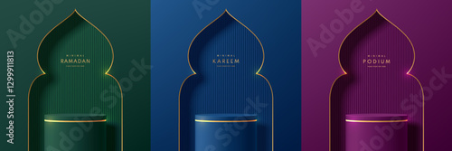 Set of ramadan kareem 3D purple, blue, green cylinder podium background in mosque shape window. Eid al Adha Mubarak minimalist wall scene or mockup product stage for showcase, Banner promotion display