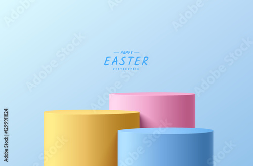 Yellow, pink and blue 3D oval egg podium background in Happy Easter egg day concept. Minimalist 3D mockup pedestal, Abstract product display presentation, Stage for showcase. Platforms vector design.