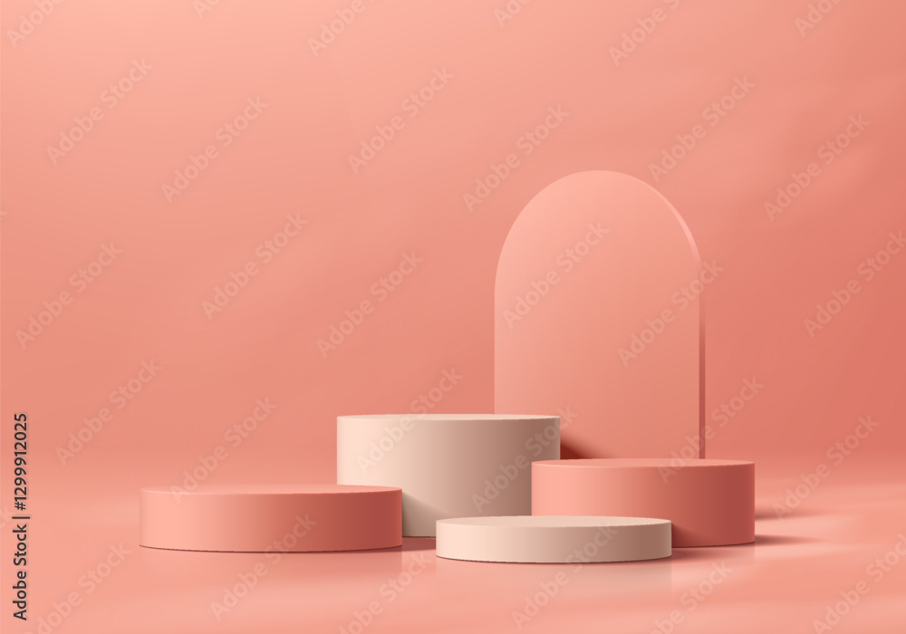 Coral red 3D cylindrical podium background with arch backdrop. Studio wall scene. Minimalist mockup pedestal. Abstract stand product display presentation. Stage for showcase. Vector platform design. Coral red 3D cylindrical podium background with arch backdrop. Studio wall scene. Minimalist mockup pedestal. Abstract stand product display presentation. Stage for showcase. Vector platform design.