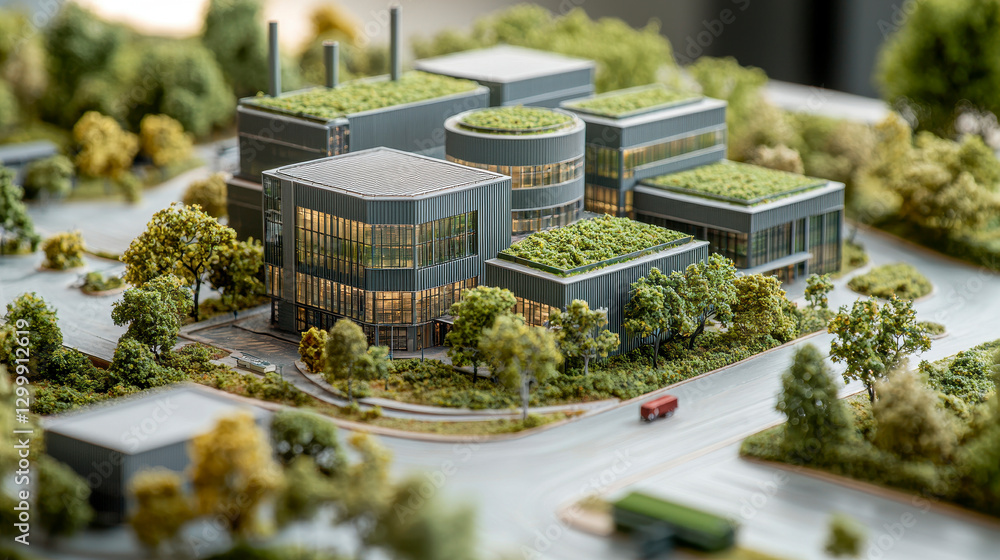 Miniature Model of Modern Architecture with Green Roofs and Detailed Urban Landscape Miniature Model of Modern Architecture with Green Roofs and Detailed Urban Landscape