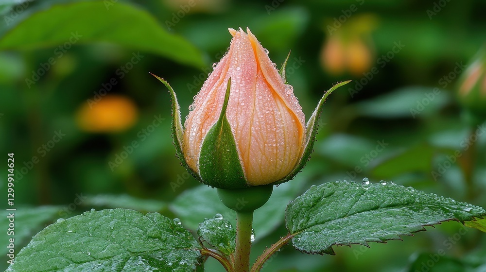 Peach rosebud garden dew drops closeup nature Peach rosebud garden dew drops closeup nature