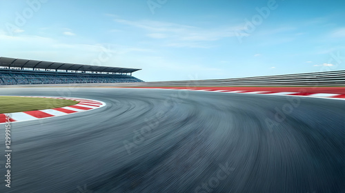 View Of Empty Race Track With Checkered Finish Line And Spectator Stands Under Blue Sky