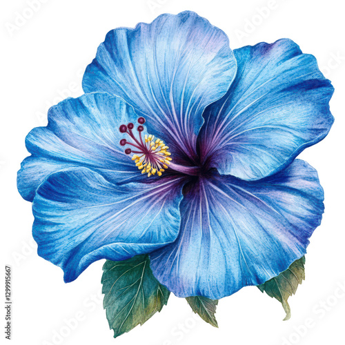 Watercolor illustration of a vibrant blue hibiscus flower with leaf elements