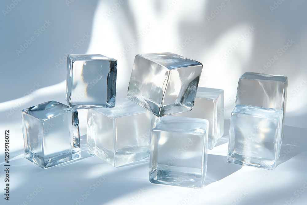 A collection of transparent ice cubes stacked and arranged creatively on a light background. The coolness and clarity of the ice capture the essence of refreshment and chill. A collection of transparent ice cubes stacked and arranged creatively on a light background. The coolness and clarity of the ice capture the essence of refreshment and chill.