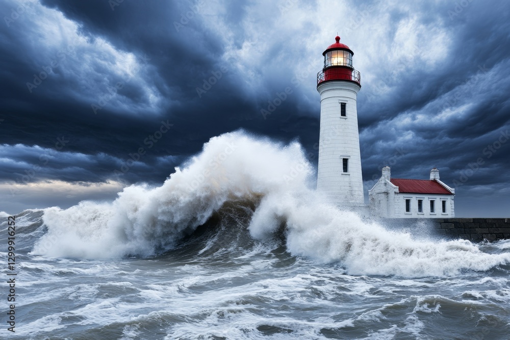 A massive wave crashing against a lighthouse, with storm clouds swirling above A massive wave crashing against a lighthouse, with storm clouds swirling above
