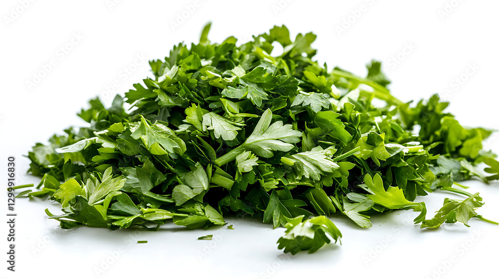 Fototapeta premium A pile of chopped parsley on a white background. generated using AI
