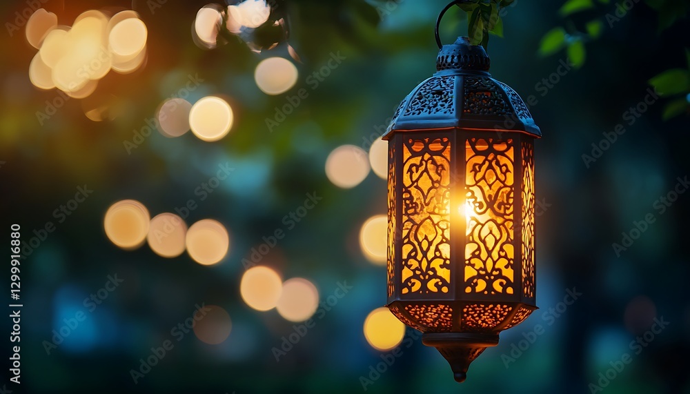 A glowing lantern hanging on a tree with blurred background bokeh