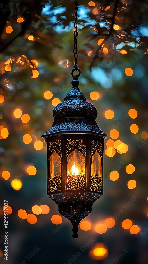 An ornamental lantern suspended from a chain and a tree branch An ornamental lantern suspended from a chain and a tree branch