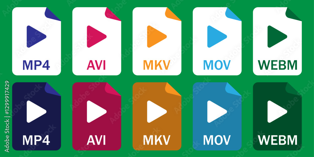 Set of video file format icons, including MP4, AVI, MOV, MKV, WEBM. Ideal for UI, video editing, streaming, file management, and tech-related content. Set of video file format icons, including MP4, AVI, MOV, MKV, WEBM. Ideal for UI, video editing, streaming, file management, and tech-related content.