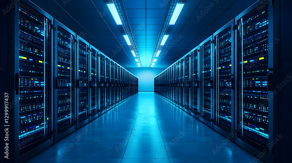 Obraz premium Blue Lit Data Center Server Racks With Digital Information And Modern Technology