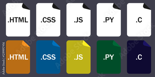 Collection of programming file format icons (HTML, CSS, JS, PY, C). Perfect for coding, web design, and development projects.