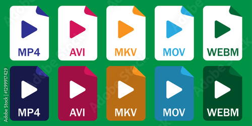 Set of video file format icons, including MP4, AVI, MOV, MKV, WEBM. Ideal for UI, video editing, streaming, file management, and tech-related content.  