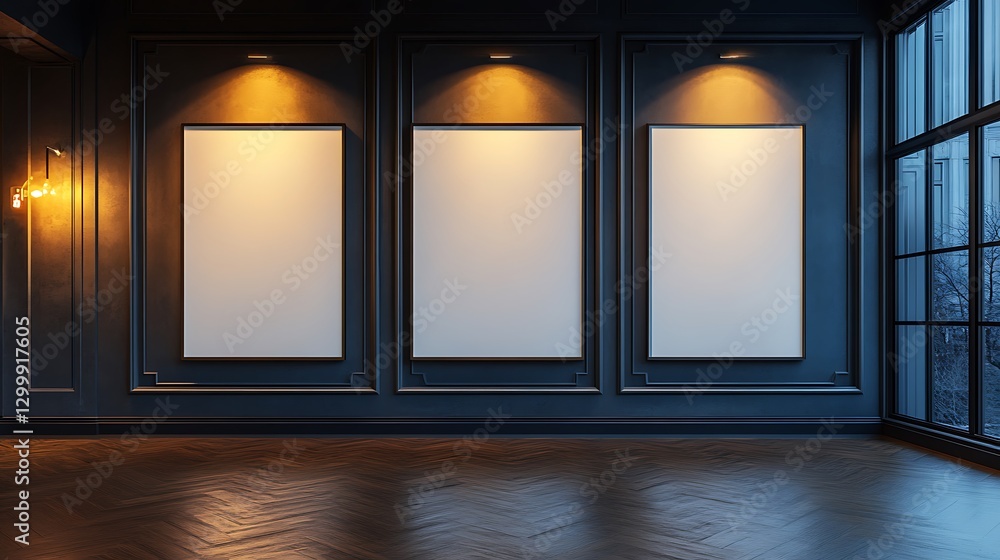 A mockup of three blank white posters on display in an art gallery, each poster is 20 x 36 inches and has no text or graphics on it. A mockup of three blank white posters on display in an art gallery, each poster is 20 x 36 inches and has no text or graphics on it.