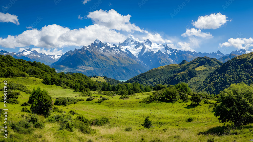 Expansive Green Valley With Lush Vegetation and Snow Capped Mountains Under Clear Blue Sky Expansive Green Valley With Lush Vegetation and Snow Capped Mountains Under Clear Blue Sky