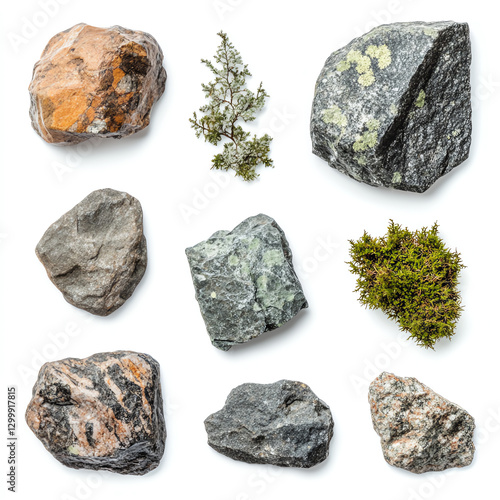 A collection of various rocks and moss, showcasing natural textures and colors. Ideal for environmental projects, education, or nature-related themes. photo