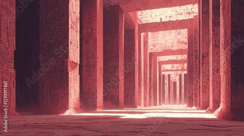 Red Stone Corridor with Geometric Columns and Warm Light