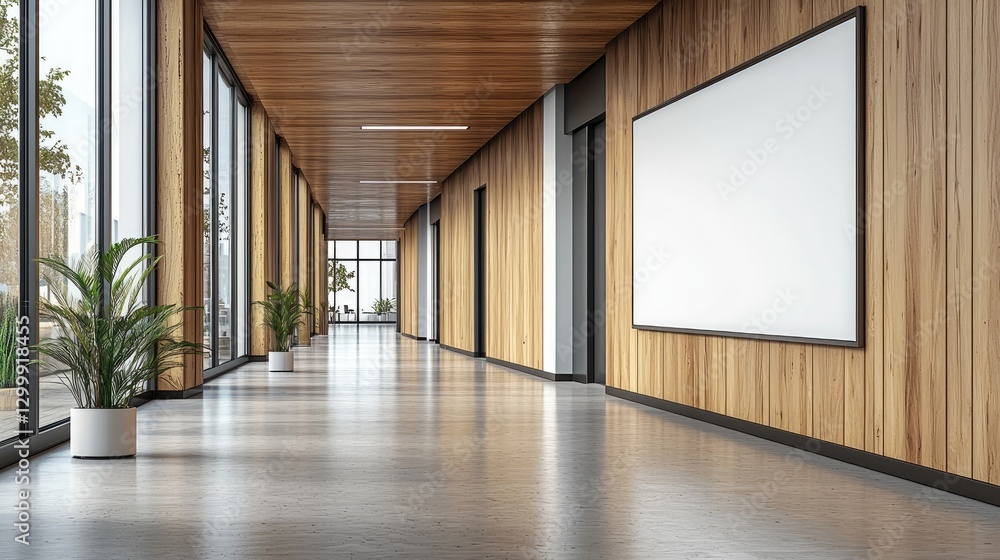 Obraz premium Modern interior corridor with wooden walls, large windows, and empty white board for presentations
