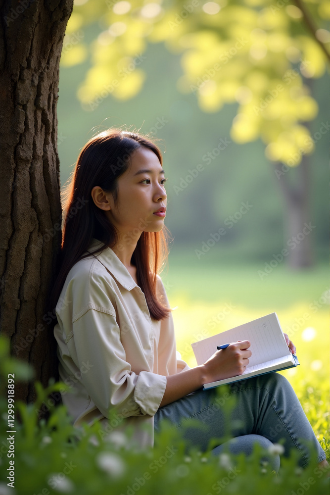 An asian woman sits peacefully under a tree, contemplating as she writes in her notebook amidst a lush green landscape in the afternoon sun - Generative AI An asian woman sits peacefully under a tree, contemplating as she writes in her notebook amidst a lush green landscape in the afternoon sun - Generative AI