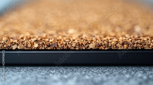 Close-up view of textured cork surface on a black mat against a gray background