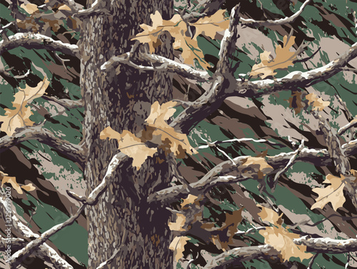 Real tree forest hunting camouflage seamless pattern design with barks and leaves. Camouflage repeat pattern