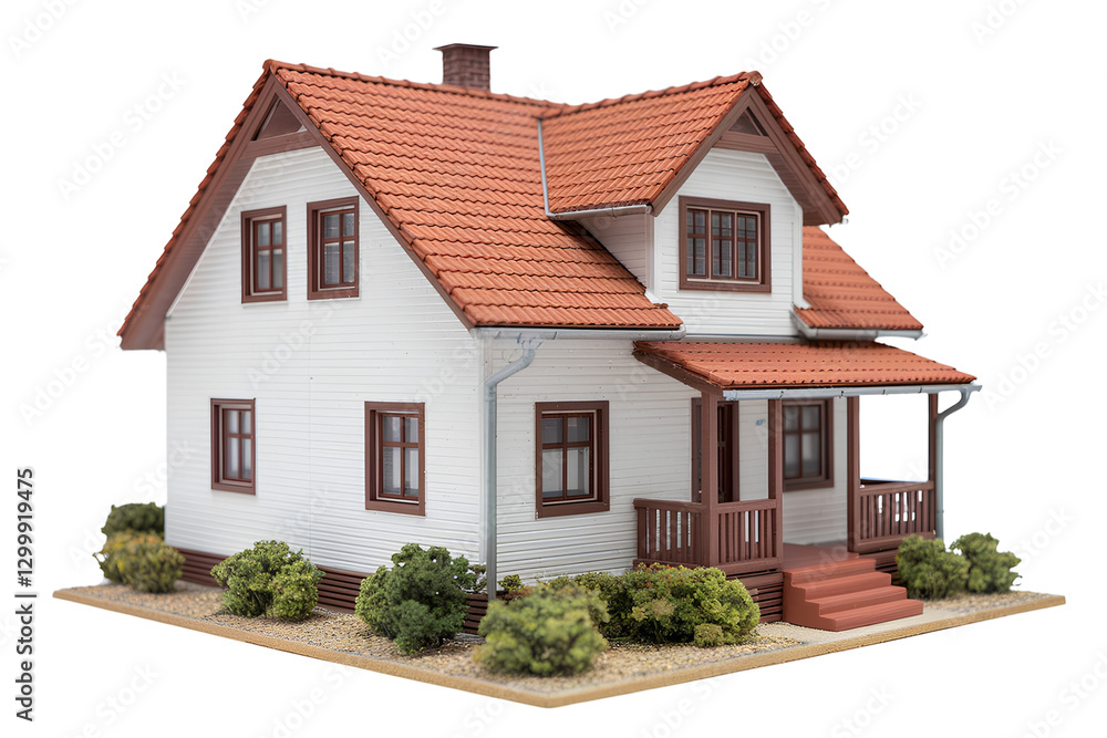 Miniature model house with red roof and wooden porch isolated on transparent background PNG Miniature model house with red roof and wooden porch isolated on transparent background PNG
