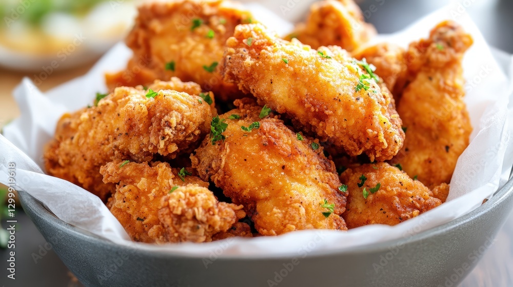 Crispy and golden fried chicken served in a rustic bowl, perfect for a hearty meal Crispy and golden fried chicken served in a rustic bowl, perfect for a hearty meal