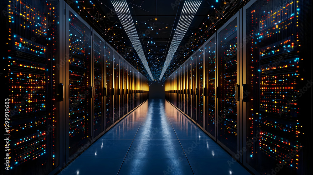 Fototapeta premium Server Room Corridor with Illuminated Server Racks in a Modern Data Center