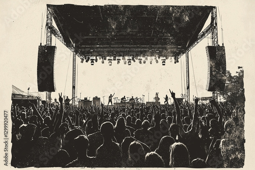 vintage concert poster features classic stage with sepia tone, capturing energetic crowd and silhouetted performers