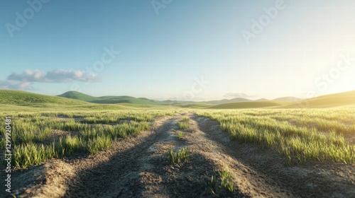 A wide, open field with a soft dirt trail running through it, the ground uneven with patches of grass, and the sunlight highlighting the texture of the soil as the clear blue sky above enhances the