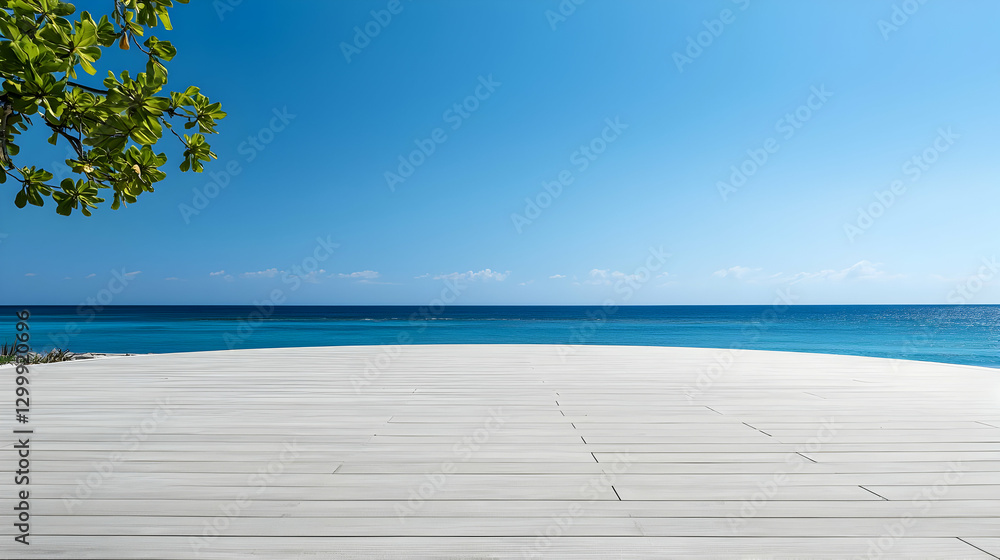 Fototapeta premium Bright Blue Ocean View With White Wooden Boardwalk on Sunny Day
