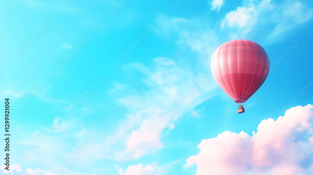 Naklejka premium vibrant hot air balloon floats against clear blue sky with fluffy clouds, creating serene and dreamy atmosphere