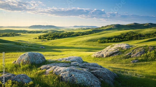 A wide field of soft green grass dotted with large rocks, the sunlight casting realistic shadows on the terrain, and the clear blue sky providing an unbroken view of the horizon that makes the scene