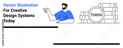 Man pointing at stacked coins labeled Token emphasizes digital assets and creativity. Ideal for cryptocurrency, fintech, blockchain, startups, economy, innovation, flat landing page banner