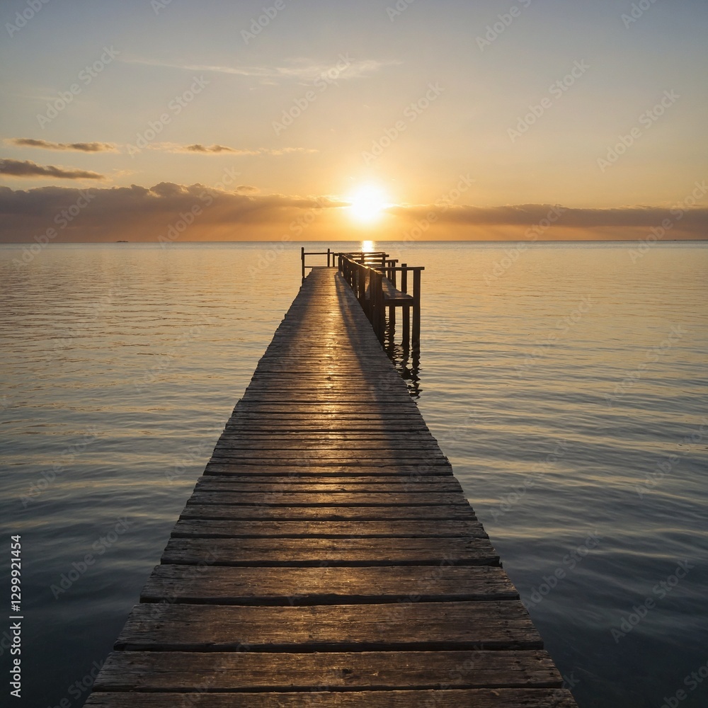 A wooden pier extending into a calm ocean, reflecting a golden sunset, standing alone against a white backdrop. A wooden pier extending into a calm ocean, reflecting a golden sunset, standing alone against a white backdrop.