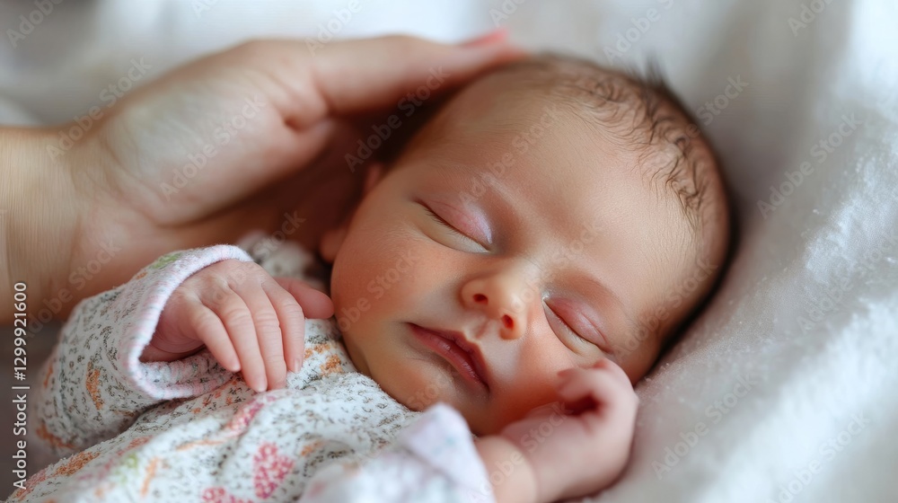 A close-up of a mother gently touching her newborn baby's tiny fingers A close-up of a mother gently touching her newborn baby's tiny fingers