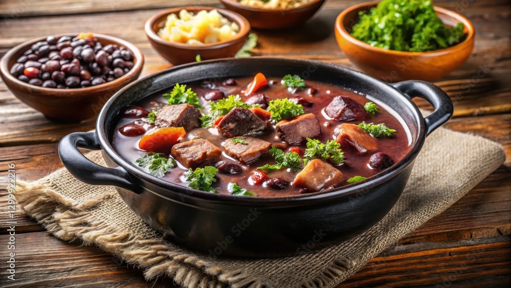 Rich and hearty feijoada stew made with black beans and various meats simmered in a flavorful broth Rich and hearty feijoada stew made with black beans and various meats simmered in a flavorful broth