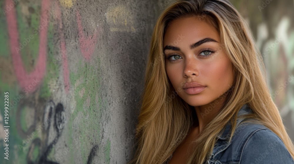 Bold Model Posing Against Industrial Backdrop Bold Model Posing Against Industrial Backdrop