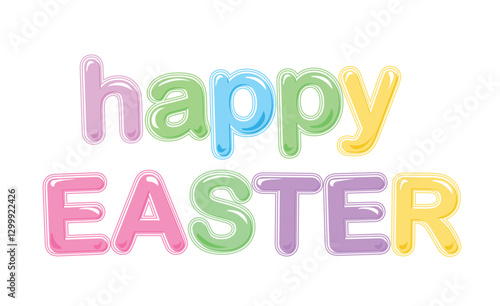 Colorful happy easter text on white background. Easter holiday celebration or spring background. Rounded font in green, blue, pink and yellow letters with strokes and highlights. Isolated. 