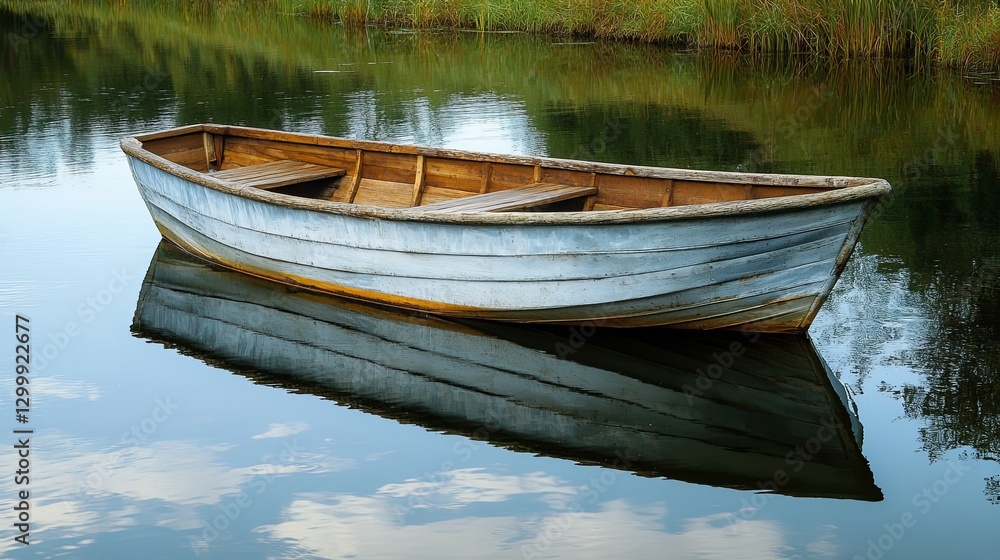 Serene Rowboat on Still Water: A Peaceful Lakeside Scene Serene Rowboat on Still Water: A Peaceful Lakeside Scene