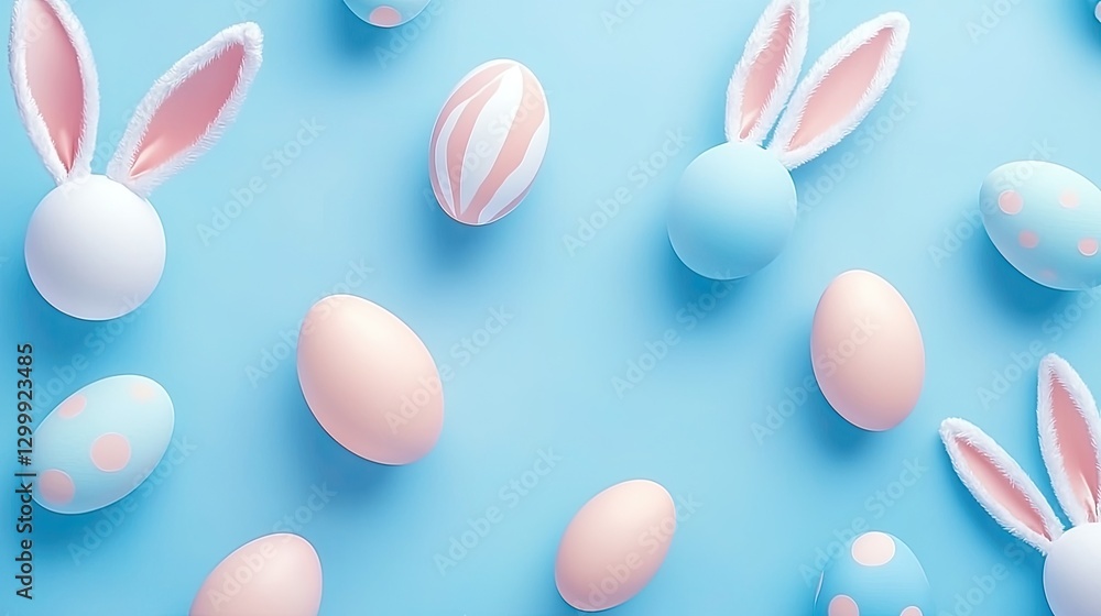 Easter background with pastel-colored eggs and bunny ears on a blue flat lay, with copy space for text, a banner template, and e-commerce design, in high resolution. Easter background with pastel-colored eggs and bunny ears on a blue flat lay, with copy space for text, a banner template, and e-commerce design, in high resolution.