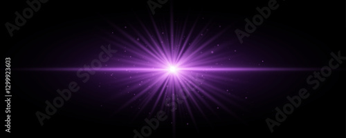 Bright purple star with horizontal rays on black background. Abstract light effect with glowing dust. Vector illustration. EPS 10