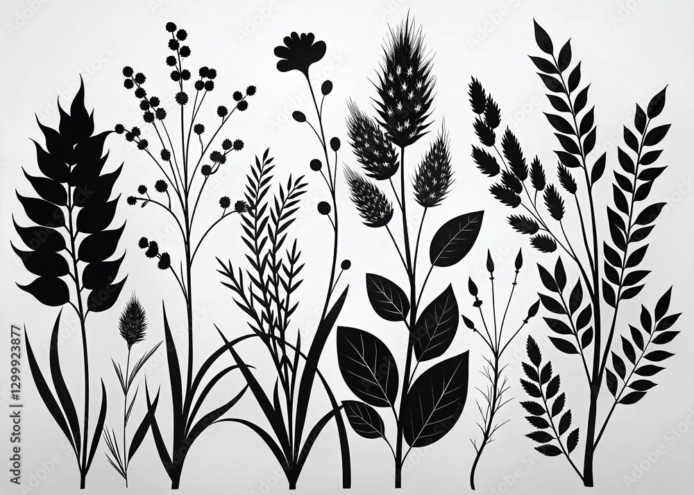 Silhouette Botanical Design Elements: Twigs, Leaves, Grass - Nature Stock Photo Silhouette Botanical Design Elements: Twigs, Leaves, Grass - Nature Stock Photo