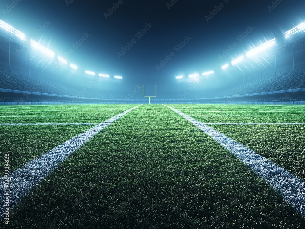Obraz premium Empty football field under bright, stadium lights, long shadows cast on the grass, vivid lighting, ultrarealistic 8K clarity