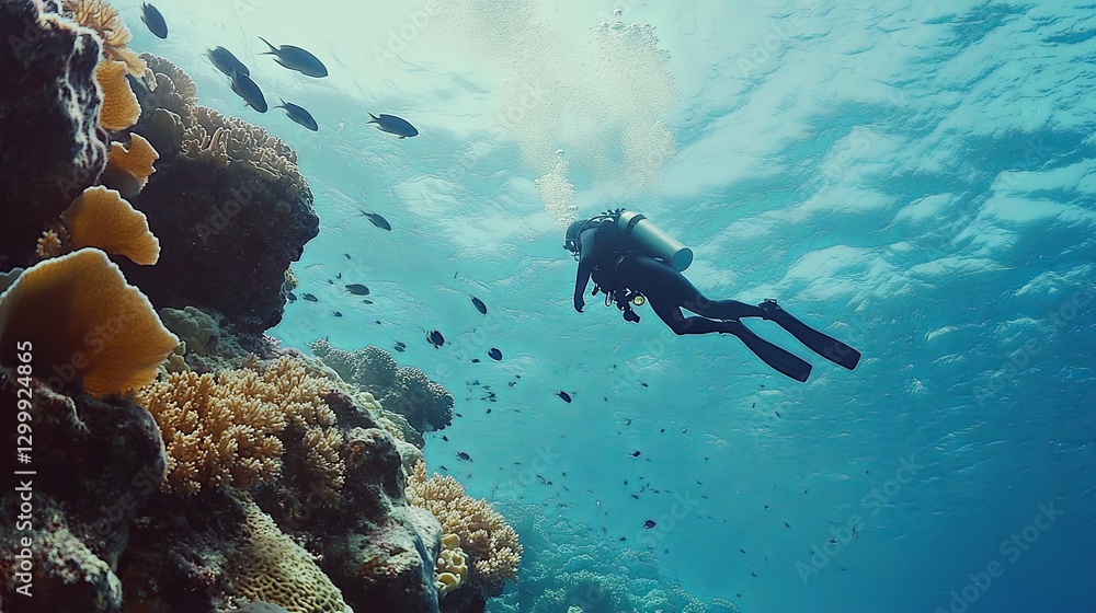Diver Explores Vibrant Coral Reef: Serene Underwater Scene Diver Explores Vibrant Coral Reef: Serene Underwater Scene