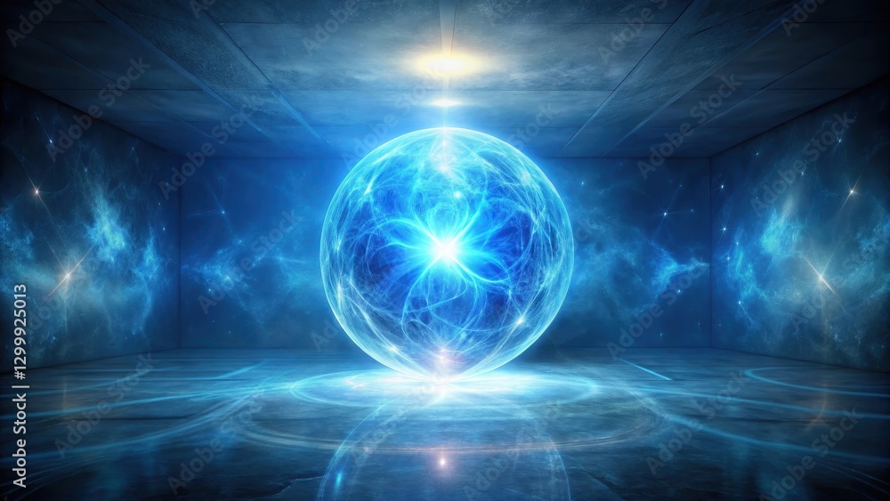 Obraz premium A glowing blue energy field radiates from a mysterious orb in the center of a darkened room, emitting an otherworldly aura, mystical ambiance, paranormal atmosphere