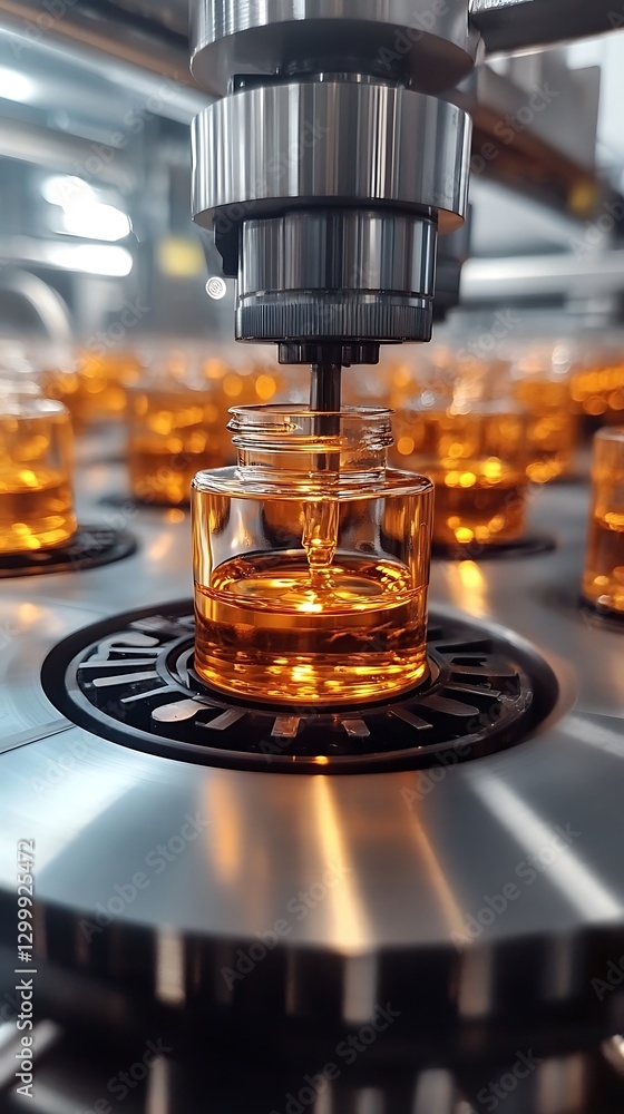 Automated filling of small bottles with an amber liquid is visible Automated filling of small bottles with an amber liquid is visible