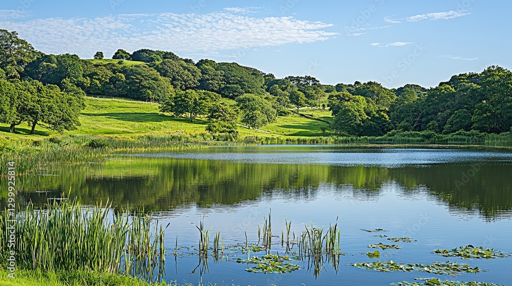 Fototapeta premium Serene lake surrounded by lush greenery and rolling hills under a clear blue sky