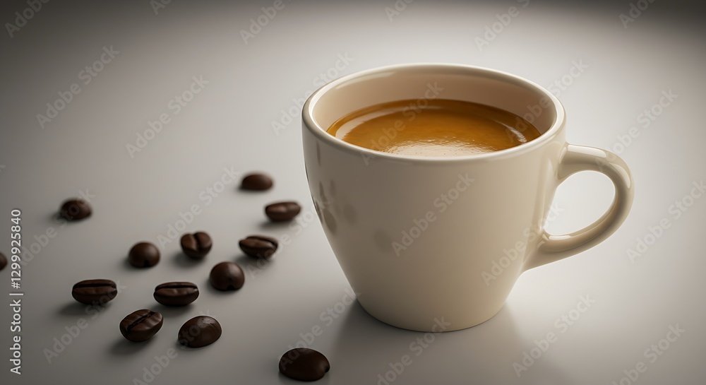 Espresso in a tiny white cup with coffee beans scattered around on a white surface Espresso in a tiny white cup with coffee beans scattered around on a white surface
