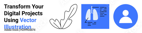 Black outline leaf, lung diagnostic blueprint, and blue user avatar. Ideal for healthcare, technology, education, marketing, user interface, wellness data visualization flat landing page banner
