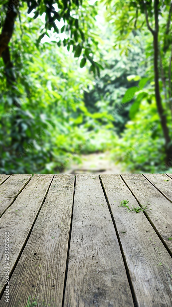 Rustic Weathered Wooden Planks Path Through Lush Green Tropical Forest Rustic Weathered Wooden Planks Path Through Lush Green Tropical Forest